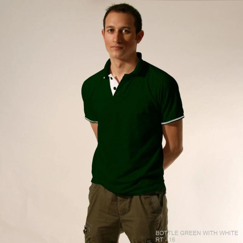 Bottle Green With White Plain Tipping Collar Polo T-shirt - 100% Cotton Unisex - 260 GSM