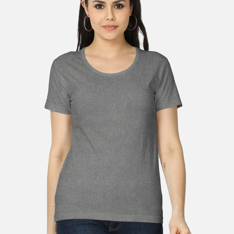 Charcoal Melange Plain Women Round Neck T-shirt
