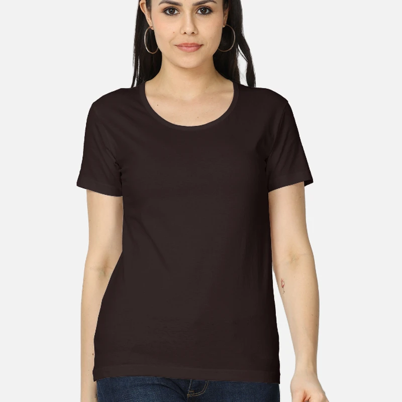 Coffee Brown Plain Women Round Neck T-shirt