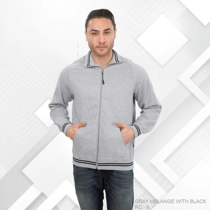 Grey Melange And Black Plain Full Zip High Neck Sweatshirt - Unisex