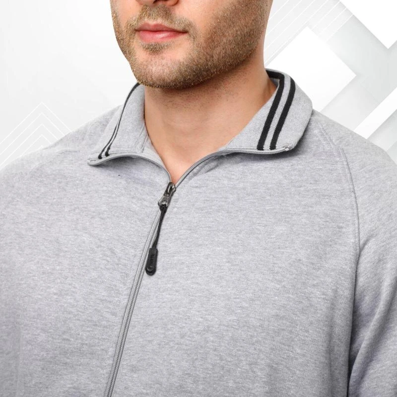 Grey Melange And Black Plain Full Zip High Neck Sweatshirt product image