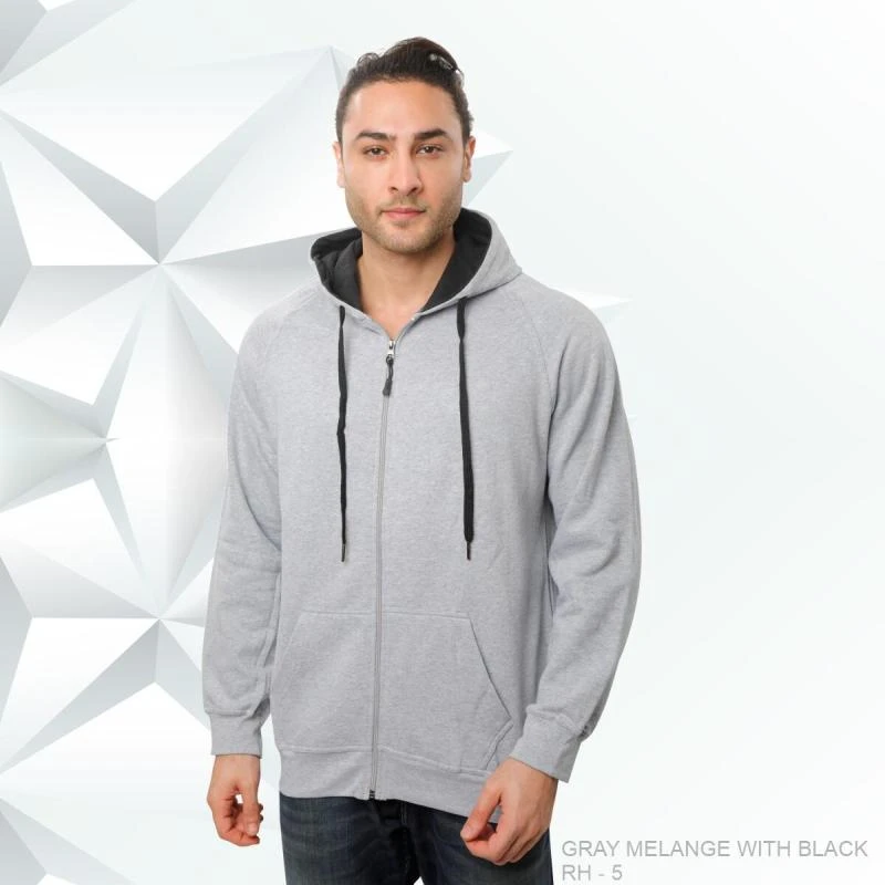 Grey Melange And Black Plain Zip Hoodie - Unisex