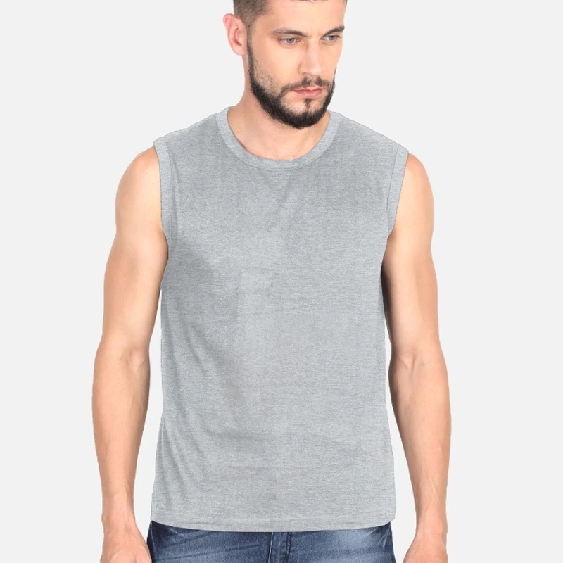 Grey Melange Plain Sleeveless T-shirt