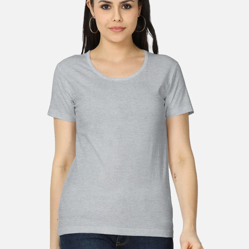 Grey Melange Plain Women Round Neck T-shirt