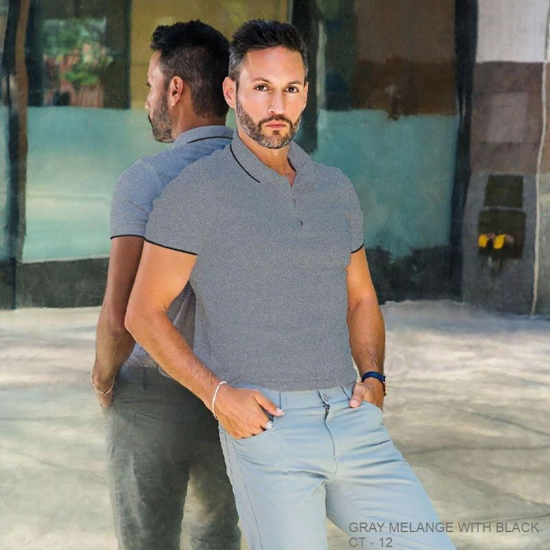 Grey Melange With Black Plain Tipping Collar Polo T-shirt - 100% Cotton Unisex - 230 GSM