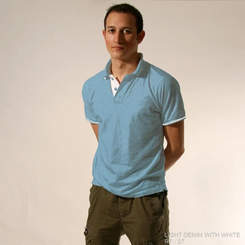 Light Denim With White Plain Tipping Collar Polo T-shirt - 100% Cotton Unisex - 260 GSM