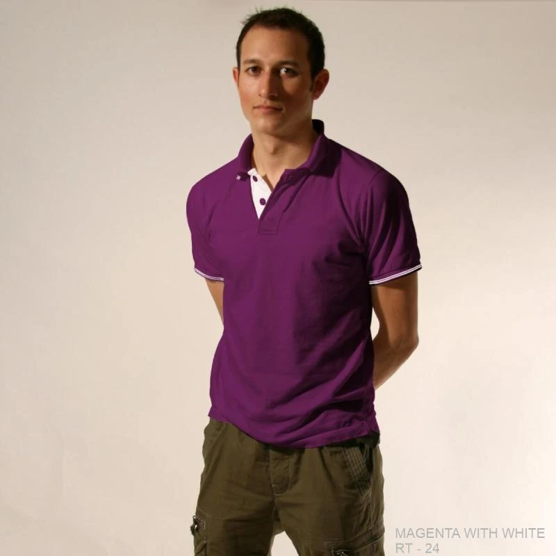 Magenta With White Plain Tipping Collar Polo T-shirt - 100% Cotton Unisex - 260 GSM