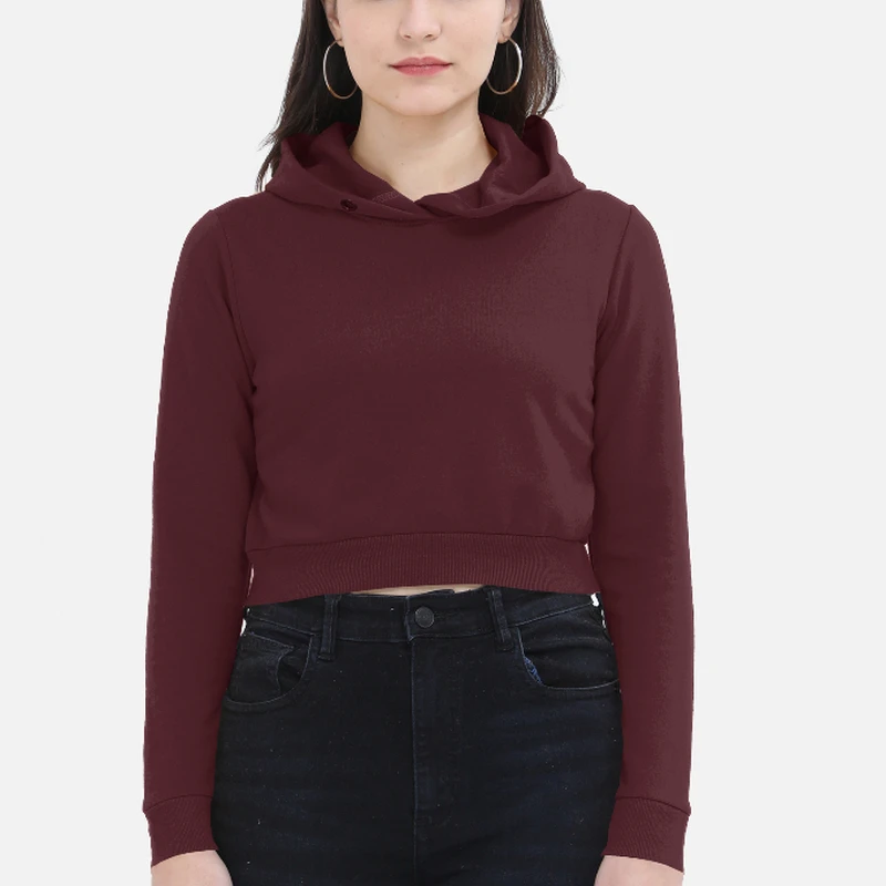 Maroon Plain Women Crop Hoodie