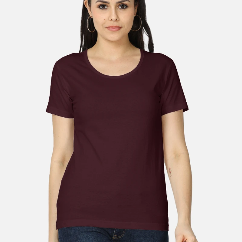 Maroon Plain Women Round Neck T-shirt