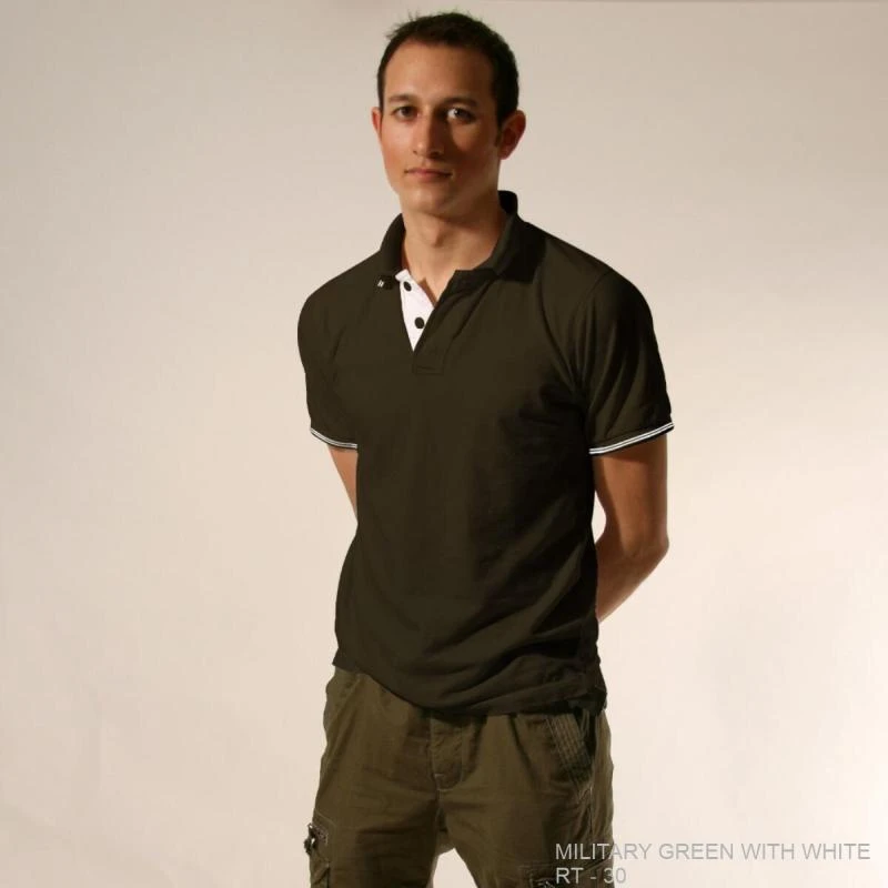 Military Green With White Plain Tipping Collar Polo T-shirt - 100% Cotton Unisex - 260 GSM
