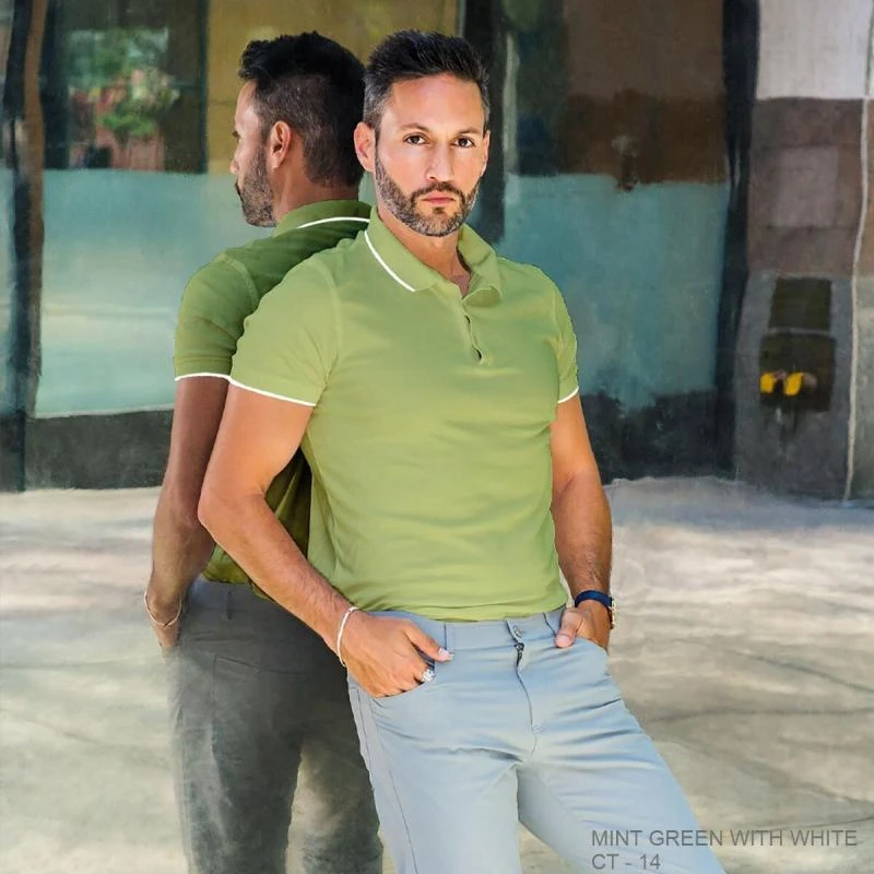 Mint Green With White Plain Tipping Collar Polo T-shirt - 100% Cotton Unisex - 230 GSM