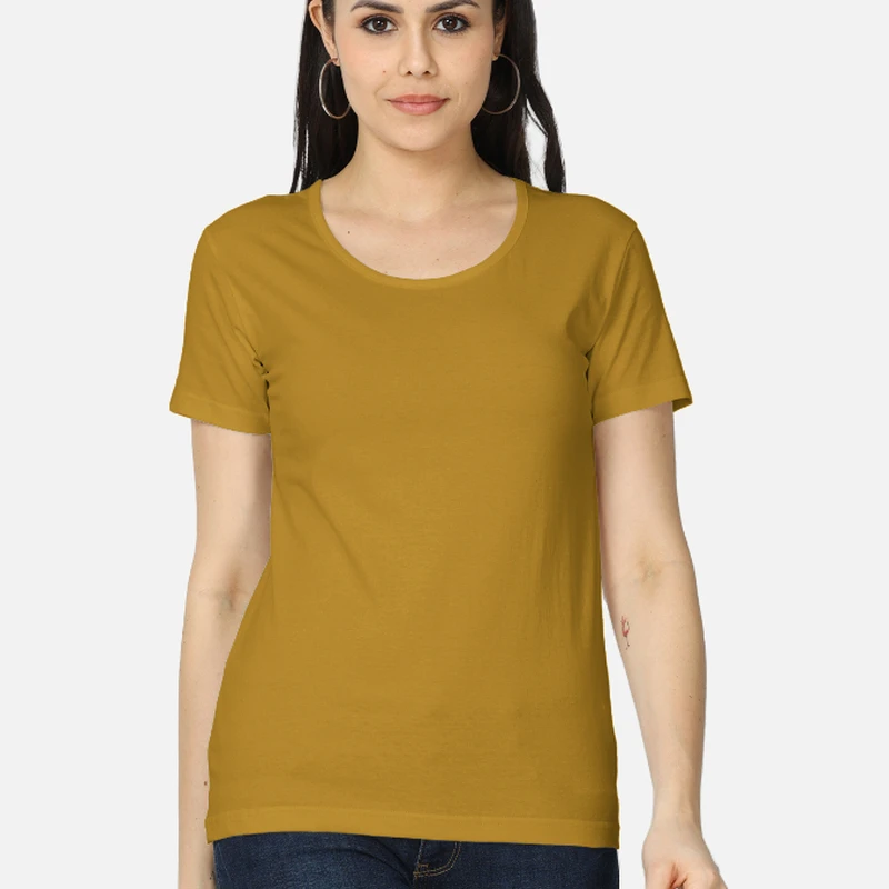 Mustard Yellow Plain Women Round Neck T-shirt