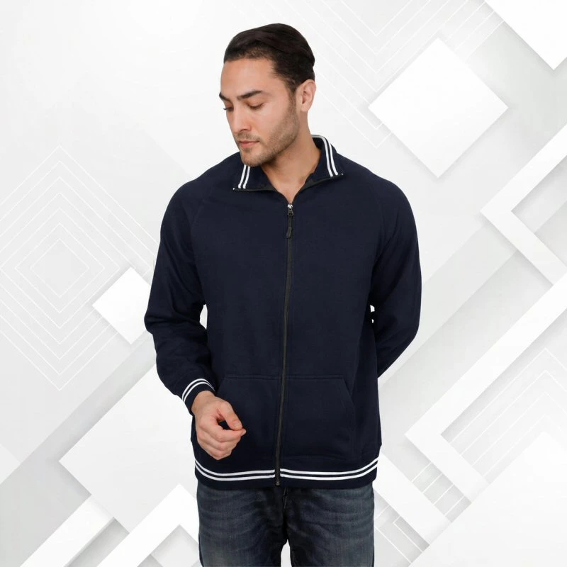 Navy And White Plain Full Zip High Neck Sweatshirt - Unisex