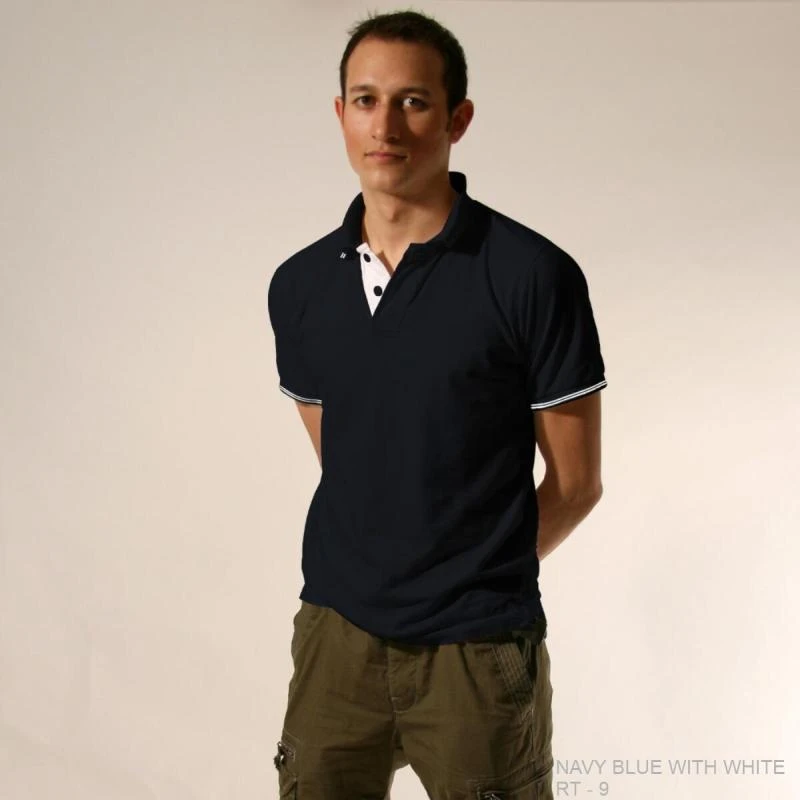 Navy Blue With White Plain Tipping Collar Polo T-shirt - 100% Cotton Unisex - 260 GSM