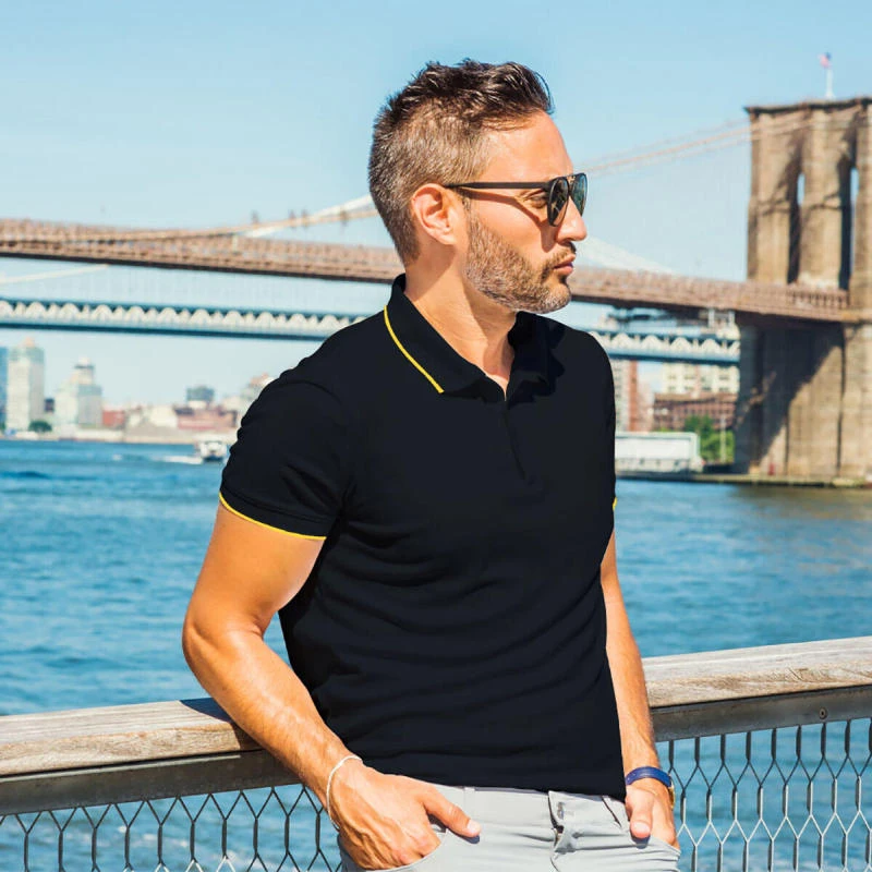 Navy Blue With Yellow Plain Tipping Collar Polo T-shirt - 100% Cotton Unisex - 230 GSM