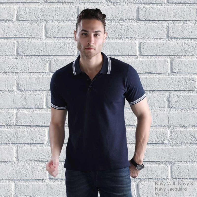 Navy Navy Navy Plain Jacquard Collar Polo T-shirt - 100% Cotton Unisex - 260 GSM