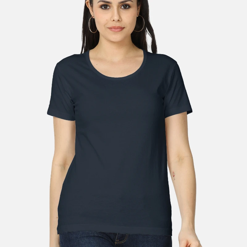 Navy Plain Women Round Neck T-shirt