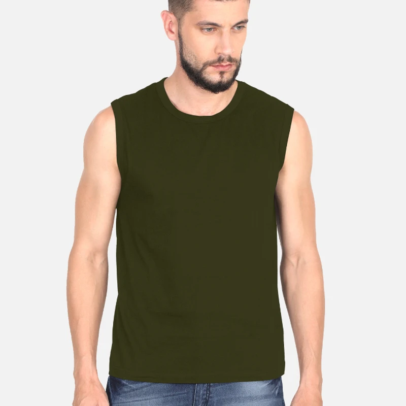 Olive Green Plain Sleeveless T-shirt
