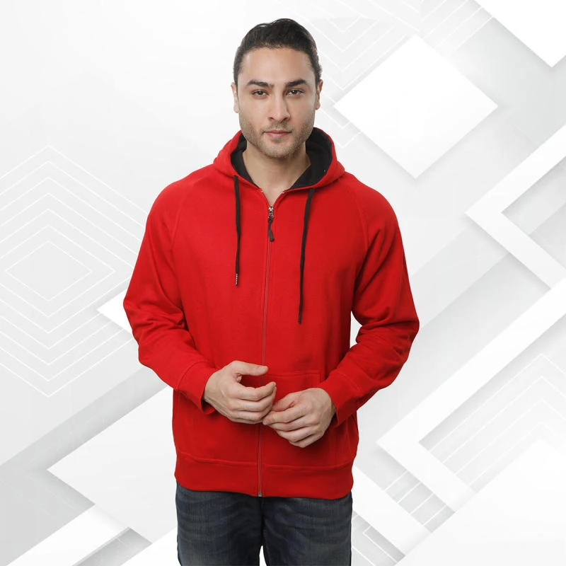 Red And Black Plain Full Zip High Neck Sweatshirt - Unisex