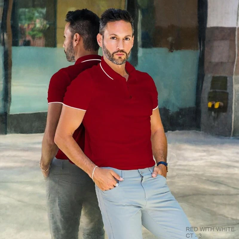 Red With White Plain Tipping Collar Polo T-shirt - 100% Cotton Unisex - 230 GSM