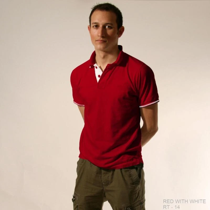 Red With White Plain Tipping Collar Polo T-shirt - 100% Cotton Unisex - 260 GSM