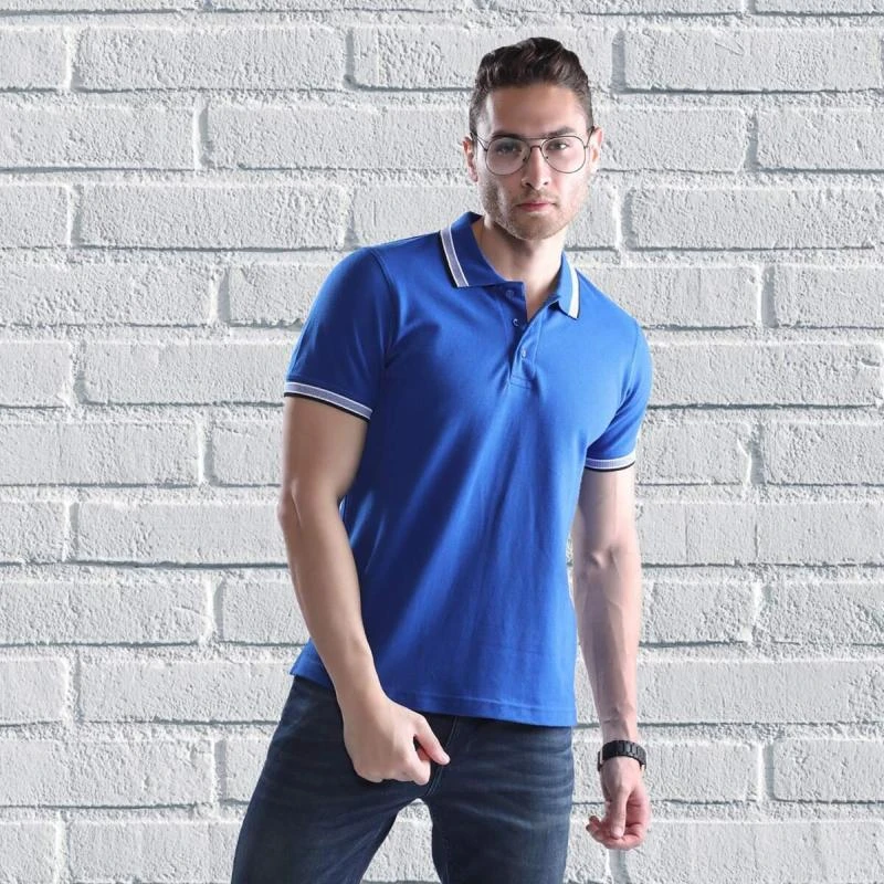 Royal Blue Black Blue Plain Jacquard Collar Polo T-shirt - 100% Cotton Unisex - 260 GSM product image
