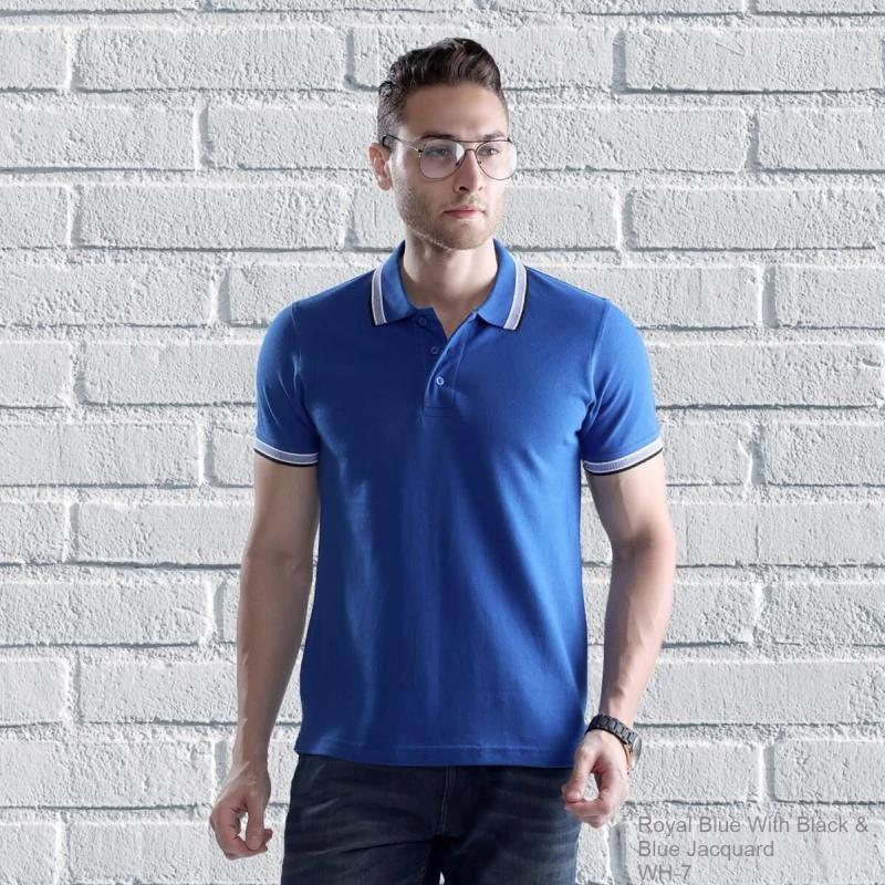 Royal Blue Black Blue Plain Jacquard Collar Polo T-shirt - 100% Cotton Unisex - 260 GSM