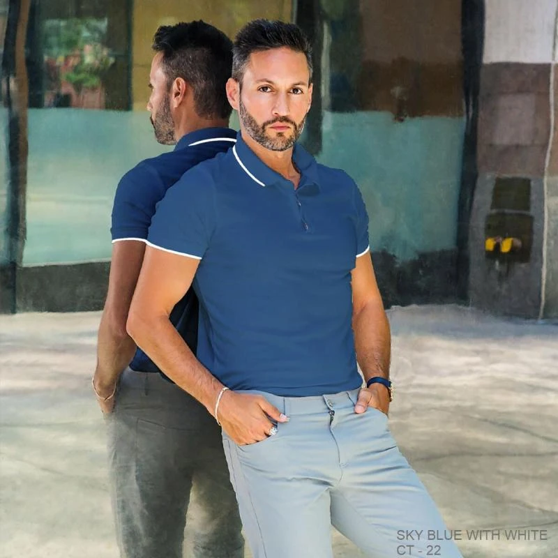 Sky Blue With White Plain Tipping Collar Polo T-shirt - 100% Cotton Unisex - 230 GSM