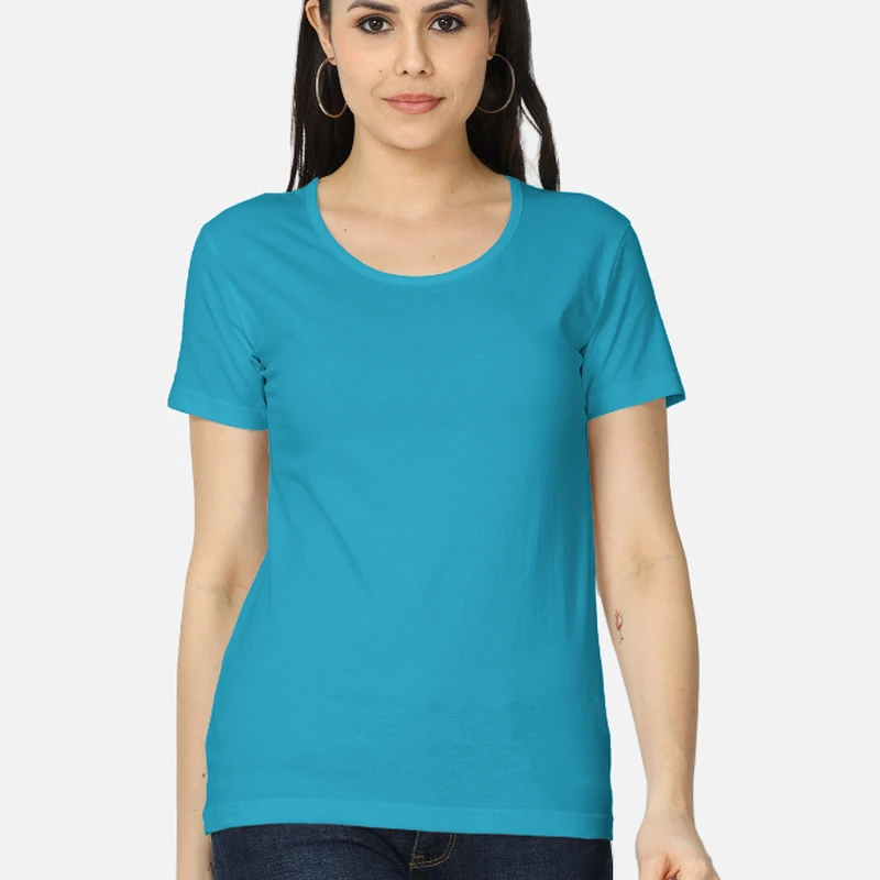 Sky Blue Plain Women Round Neck T-shirt