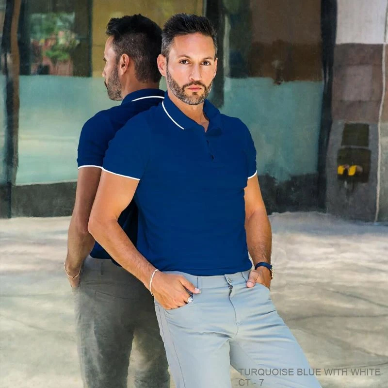 Turquoise Blue With White Plain Tipping Collar Polo T-shirt - 100% Cotton Unisex - 230 GSM