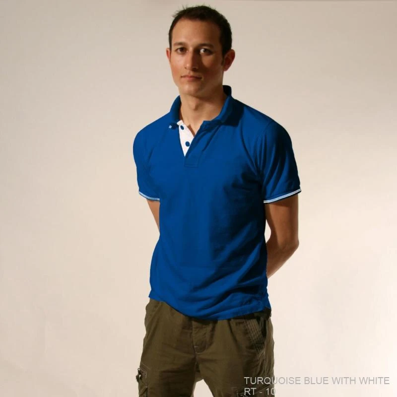 Turquoise Blue With White Plain Tipping Collar Polo T-shirt - 100% Cotton Unisex - 260 GSM