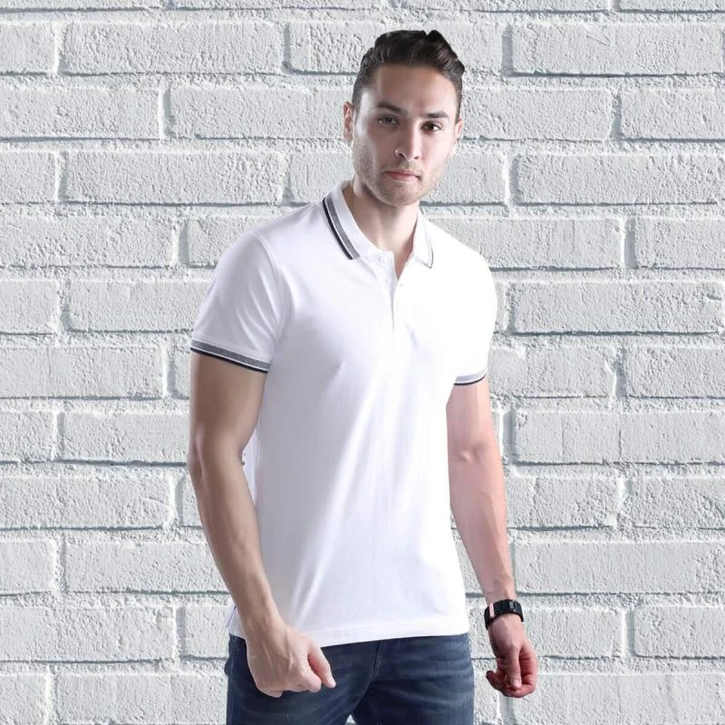 White Black Black Plain Jacquard Collar Polo T-shirt - 100% Cotton Unisex - 260 GSM product image