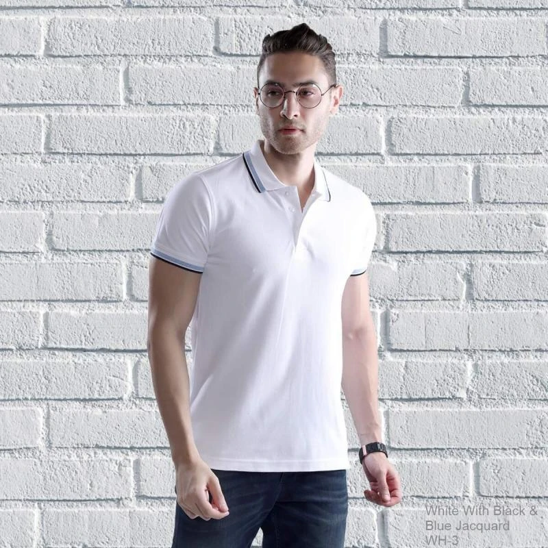 White Black Blue Plain Jacquard Collar Polo T-shirt - 100% Cotton Unisex - 260 GSM