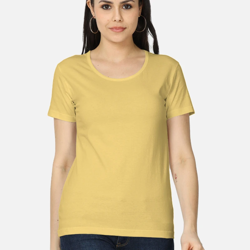 Yellow Plain Women Round Neck T-shirt