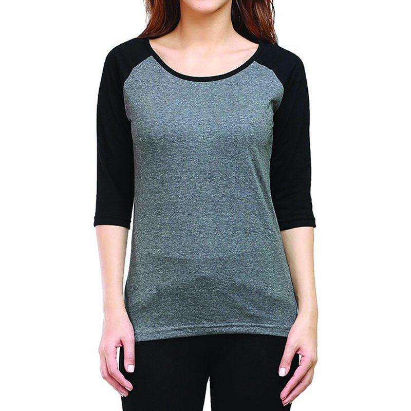 Black + Charcoal Melange Plain Women Raglan Full Sleeve T-shirts image