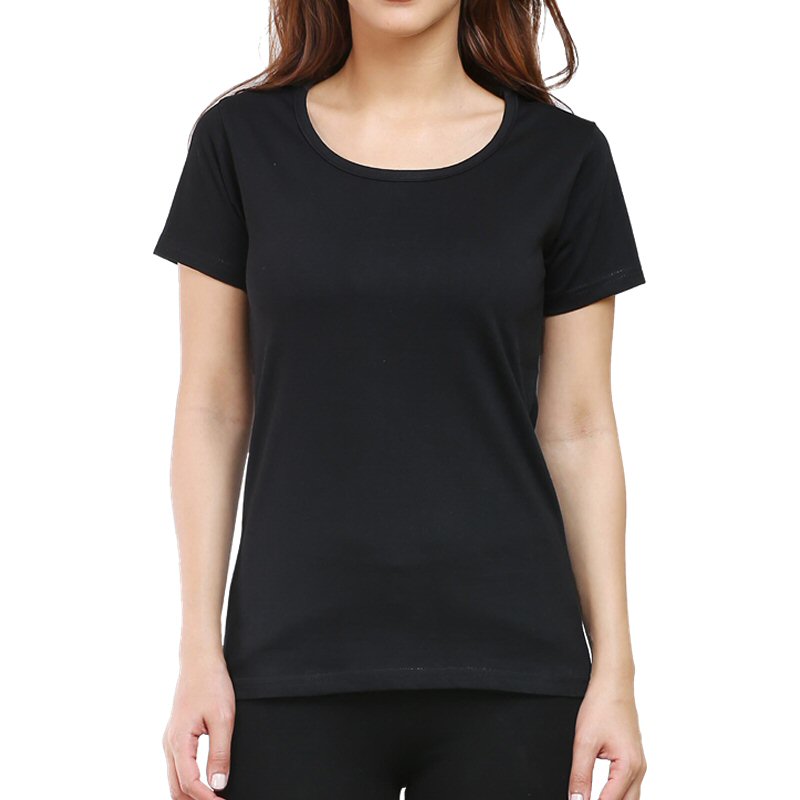 Black Plain Women Round Neck T-shirt