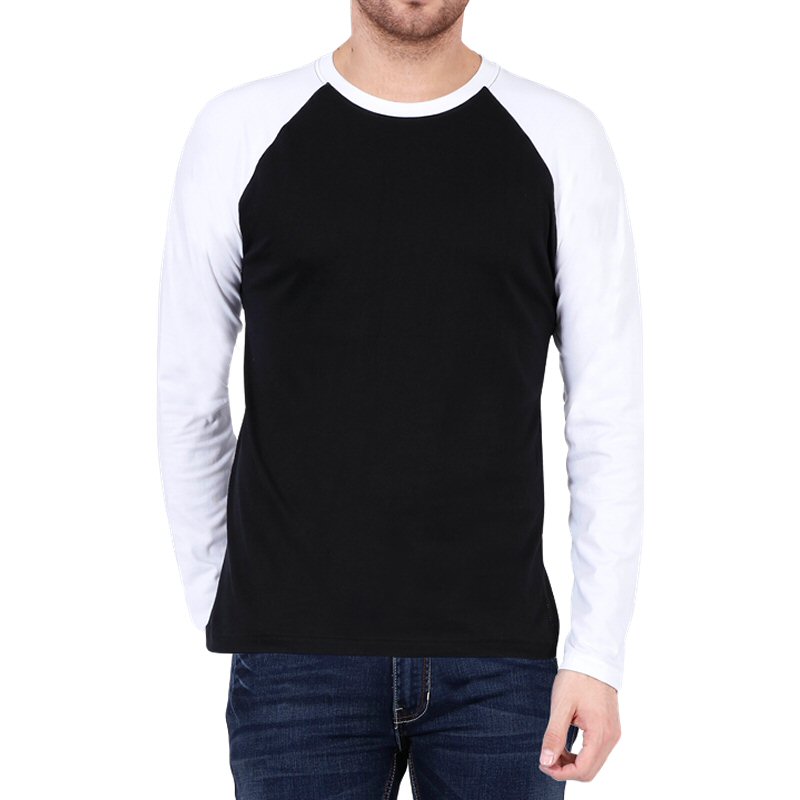 Black + White Men Plain Cotton Raglan Full Sleeve Round Neck T-shirt image