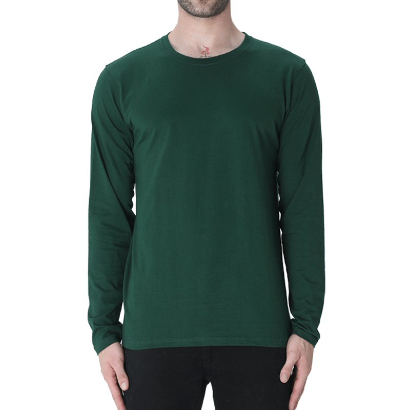 Bottle Green Plain Full Sleeve Round Neck T-shirt | Xtees