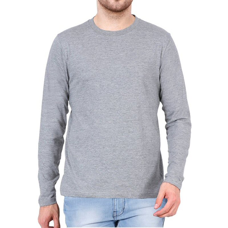 Grey Melange Plain Full Sleeve Round Neck T-shirt image