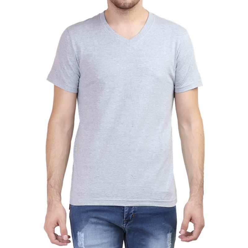 Grey Melange Plain V Neck T-shirt image