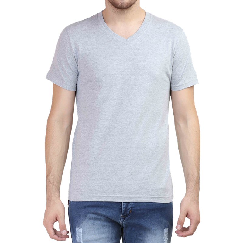 Grey Melange Men Plain Cotton V Neck T-shirt image