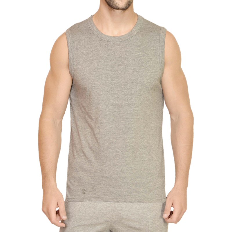Grey Melange Men Plain Cotton Sleeveless Round Neck T-shirt image
