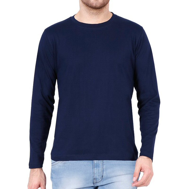 Navy Blue Men Plain Cotton Full Sleeve Round Neck T-shirt image