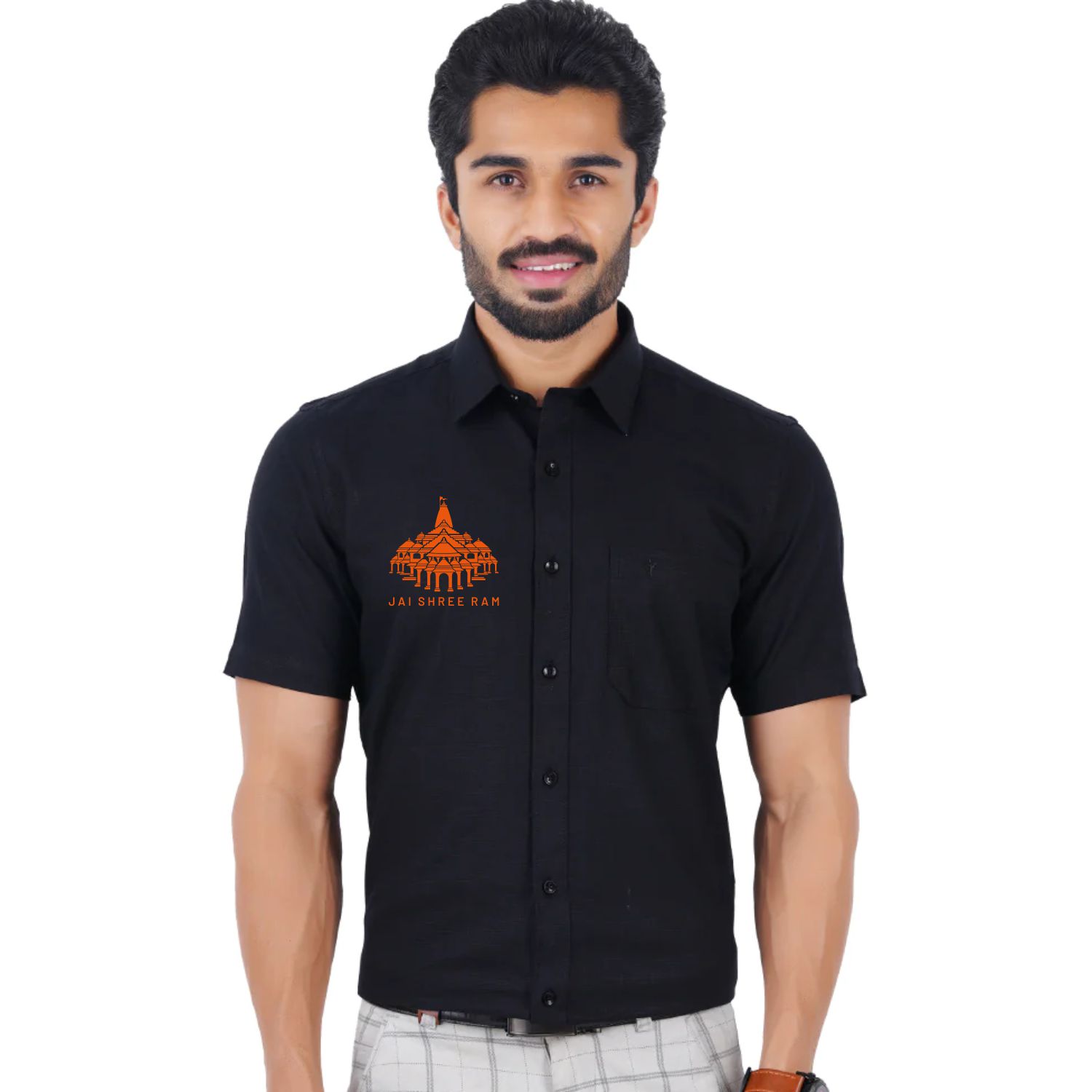 Ram Mandir Logo Printed Half Sleeve Black Shirt image