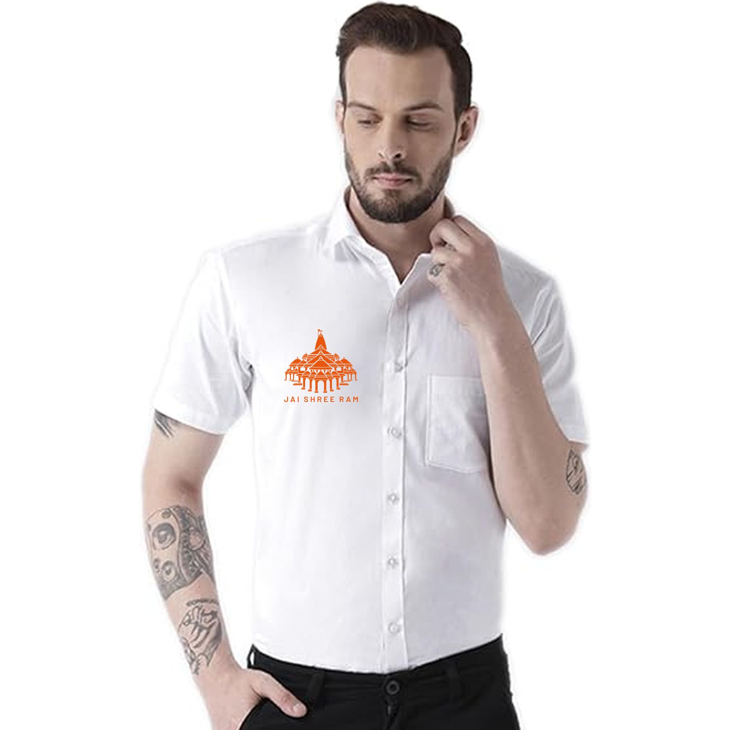 Ram Mandir Logo Printed Half Sleeve White Shirt image